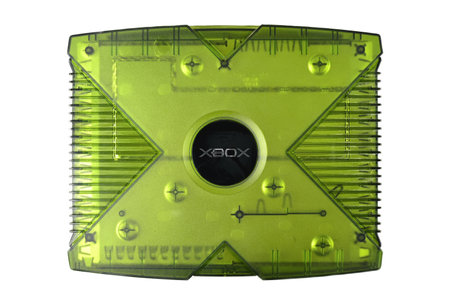 Neu-Ulm, Germany - September, 19, 2023: Microsoft XBOX first generation, green game console seen directly above. Isolated on a white.のeditorial素材