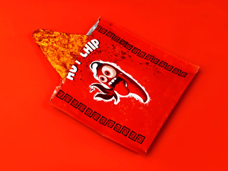 Neu-Ulm, Bavaria, Germany - October, 26, 2023: Corn tortilla chip for hot chip challenge on red...