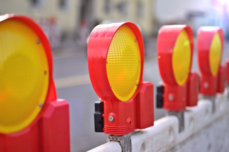 4 construction site indicators on a barge. Horizontal image with selective focus.の写真素材