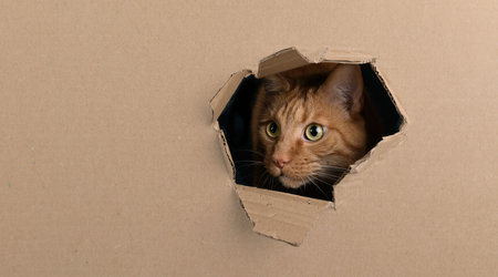 Funny red cat looking curious out of a hole in a cardboard box. Panoramic image with copy space.の写真素材