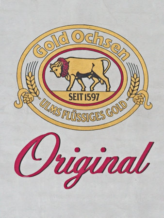 Neu-Ulm, Germany - March, 7, 2024: Close up ofFacade with logo of the german Gold Ochsen Brewery.のeditorial素材
