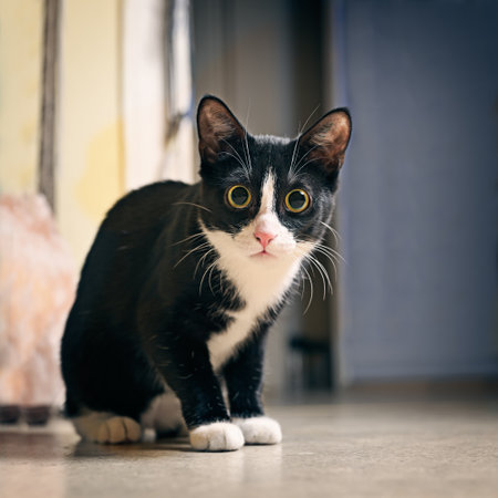 Cute Tuxedo kitten sitting on the floor and looking curious at camera. Square image.