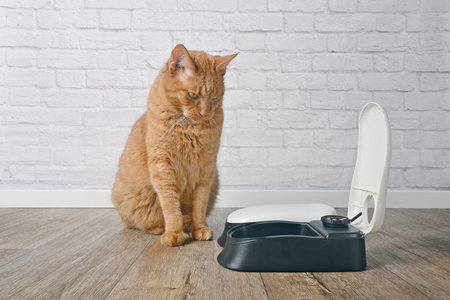 Cute ginger cat sitting next to an automatic feeder machine and waiting for food.の写真素材