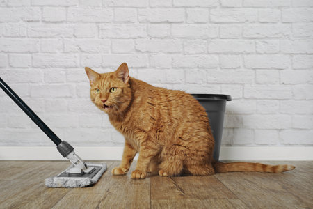 Funny ginger cat is annoyed by the cleaning day.の写真素材