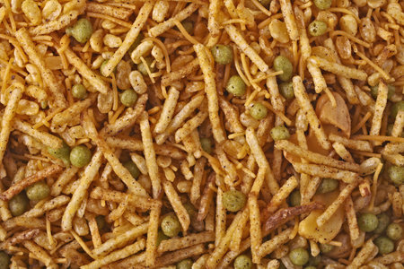 Directly above shot of Indian kashmiri mix snack food. Horizontal background texture.の写真素材