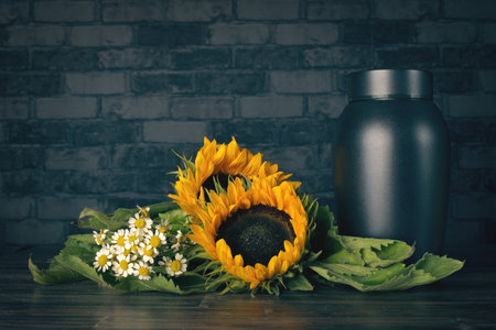 Cremation urn next to a bunch of flowers. Horizontal image with dark background.の写真素材