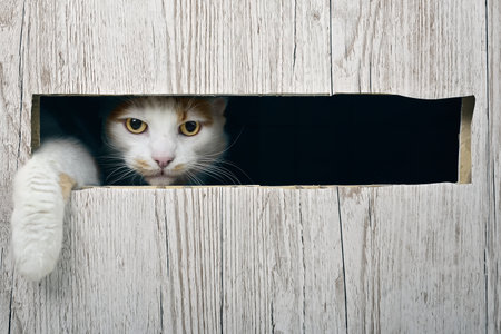 Curious tabby cat looking funny out of a hole in a box. Horizontal image with copy space.の写真素材