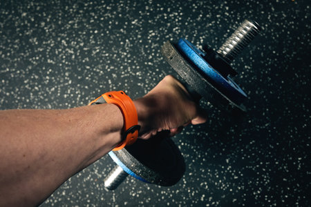 Unrecognizable man working out with a dumbbell at the gym.