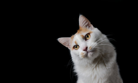 Portrait of funny cat looking curious away, isolated on black background. Panoramic image with copy space.の写真素材