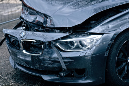 Neu-Ulm, Germany - February, 24, 2026: Close up shot of a frontal collision of BMW.