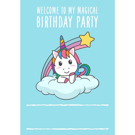 Cartoon Happy Birthday Magical Unicorn illustration Invitation Greeting Card with fun and cute look pastel colorのイラスト素材