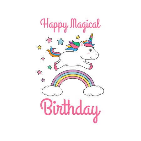 Cartoon Happy Birthday Magical Unicorn illustration Invitation Greeting Card with fun and cute look pastel colorのイラスト素材