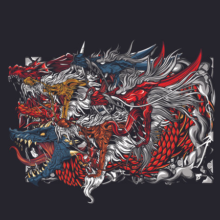 Design vector illustration of full dragon for screen printing on t-shirts, hoodies, jackets, stickers and othersのイラスト素材
