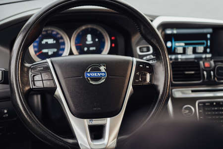 TERNOPIL, Ukraine - September 11 2021: CloseUp View of Steering Wheel Inside of the Volvo XC60