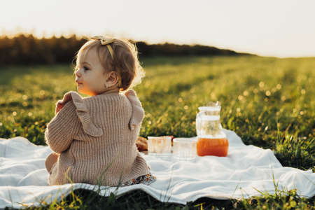 Back View of Little Baby Girl Sitting on a Plaid Outdoors at Sunsetの写真素材