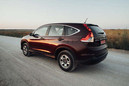TERNOPIL, Ukraine - July 21 2021: Back View of Honda CR-V on the Country Roadのeditorial素材