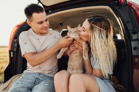 Young Woman and Man Sitting in Trunk of the Car with Pet, Happy Couple with Their Red Cat Enjoying Road Tripの写真素材