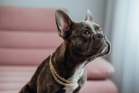 Close Up Portrait of Small French Bulldog with Golden Chain Sitting on the Pink Sofa and Pitifully Looking Awayの写真素材