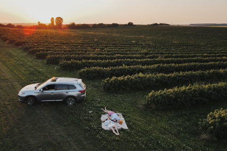 Aerial shot couple enjoying picnic on road trip in the field, man and woman lying on a blanket near the SUV car at sunsetの写真素材
