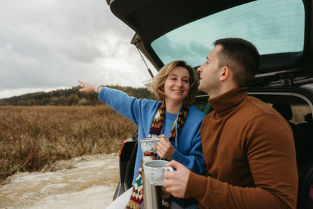 Happy young woman and man sitting in the open trunk of a car while traveling in autumn, road trip...