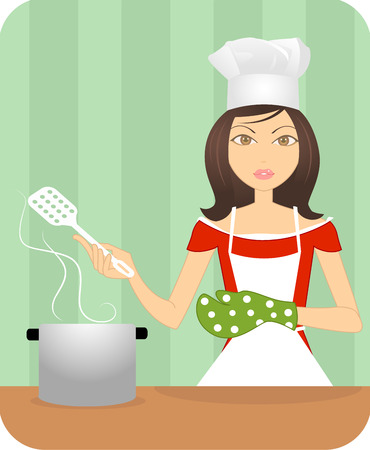 An attractive young lady cooking in the kitchen wearing glove  のイラスト素材