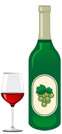 Red wine glass and green grape wine bottle isolated on a white background のイラスト素材