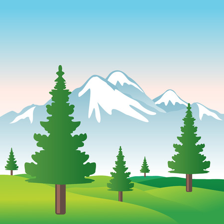 Illustration of beautiful snowy mountain with sky, trees and grass in vector format のイラスト素材