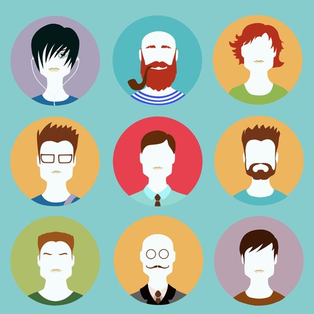 Colorful Male Faces Circle Icons Set in Trendy Flat Styleのイラスト素材