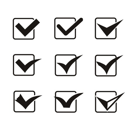 Set of nine different grey and white  check marks or ticks in boxes conceptual of confirmation  acceptance  positive  passed  voting  agreement  true or completion of tasks on a listの写真素材