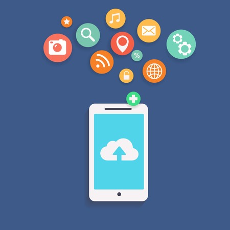 Vector illustration showing the use of cloud computing  storage and applications on a mobile phone with a set of colorful icons on web buttons above a mobile deviceのイラスト素材