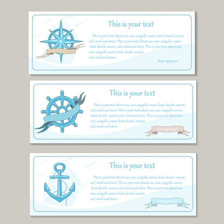 Set of travel banners. Sea nautical design whith yacht seagull vintage ships wheel and anchor and place for textのイラスト素材