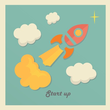Retro vector illustration concept with rocket for new business project startup, launching new product or serviceのイラスト素材