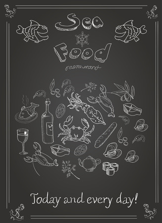 Set of hand drawn seafood on blackboardのイラスト素材