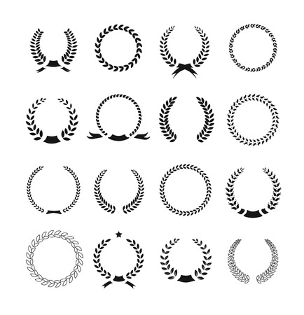 Set of black and white silhouette circular laurel  foliate and wheat wreaths depicting an award  achievement  heraldry  nobility and the classics のイラスト素材