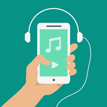 Vector  hand and smartphone ahn headphones with music player  appのイラスト素材