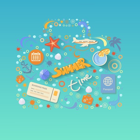 Flat design style modern vector illustration  concept of traveling on airplane, planning a summer vacation, tourism and journey objects and passenger luggage. Isolated on stylish background.のイラスト素材