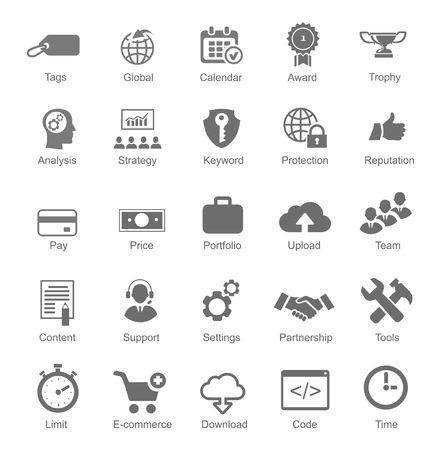 Set  silhouetted black and white SEO and internet icons for optimising a website on a computer each labeled below  with text to show what it represents illustrationのイラスト素材