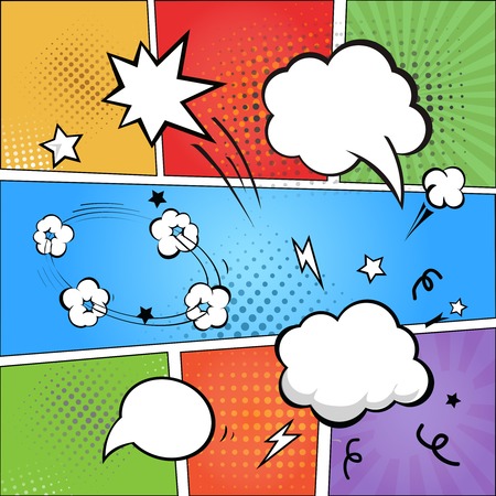 Comic strip  and comic speech   bubbles on colorful halftone background vector illustrationのイラスト素材