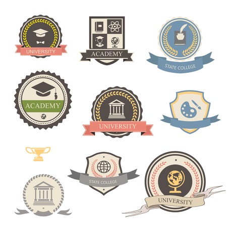 University, college and academy heraldic emblems icon with shields, buildings, wreaths, ribbons and education elementsのイラスト素材