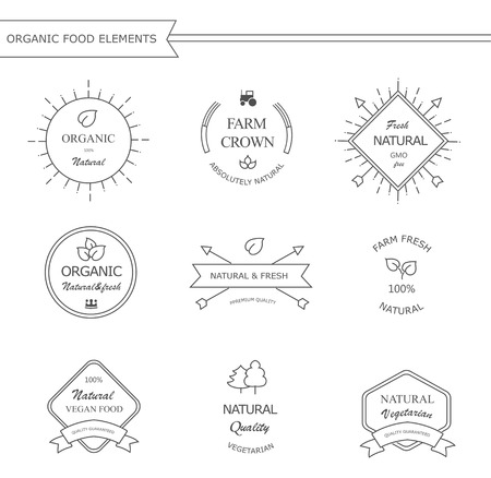 Organic  natural food and drink  labels and and badges design vector in black  elements with text - Organic- 100 percent  Natural -Ecologicalのイラスト素材