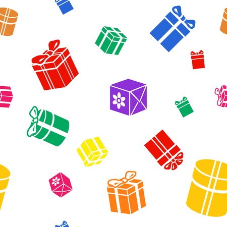 Seamless Gift pattern, colored red blue yellow green gift boxes on white backgroundの写真素材