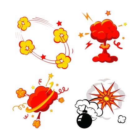 Comic Book Explosion, Bombs And Blast Set, cartoon fire bomb, bang  and exploding symbolsの写真素材