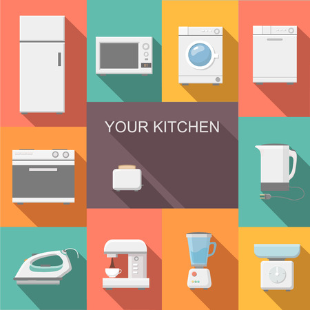 Set of kitchen appliances flat icons  with  a washing machine  stove  fridge iron  microwave scale  kettle  coffee machine and toasterのイラスト素材