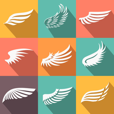 Abstract feather angel or bird wings icons set flat style long shadow isolated vector illustrationのイラスト素材