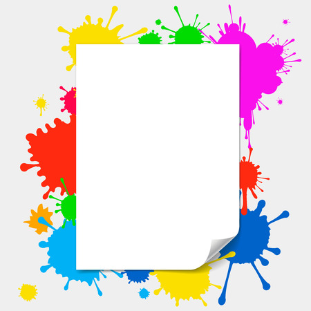blank paper with page curl   illustration on colored splashes backgroundの写真素材