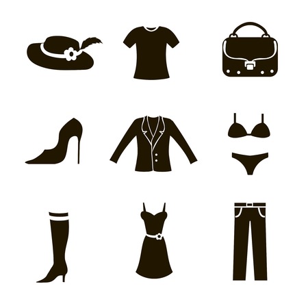 clothes icon set woman black on white background trousers bag jacket shoes t-shirtの写真素材