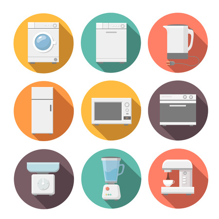 Set of household appliances flat icons on colorful round web buttons with a washing machine. Microwave, coffee machine. fridge,  stove. juicer. scalesのイラスト素材