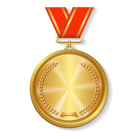 gold medal on red ribbon isolated on  white backgroundの写真素材