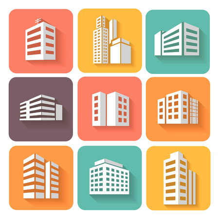 Set of dimensional buildings  colored icons in white with shadow depicting high-rise commercial buildings  office blocks and residential apartmentsのイラスト素材