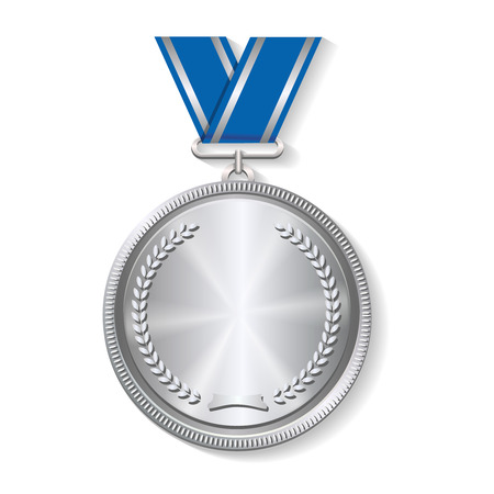 Champion silver medal with  with a concentric circle texture pattern and ribbon   illustration on white backgroundの写真素材